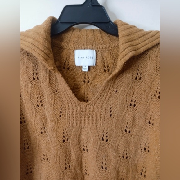 Pink Rose Camel Brown Open Knit Collared Cropped Sweater - Size M - Picture 3 of 10